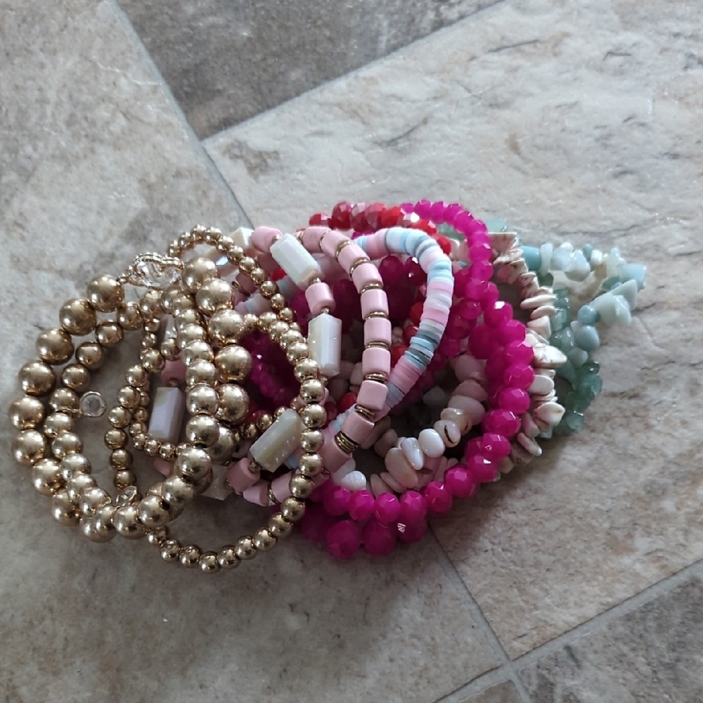Elegant Gold and Pink Beaded Bracelet Set